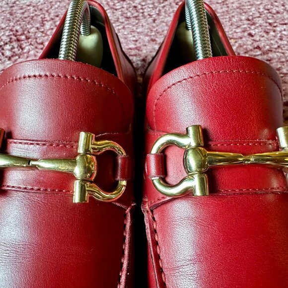 S. Ferragamo Parigi Gancini Bit Driving Loafers – Red Leather Size 6.5 fits 7.5 - Picture 2 of 5